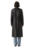 Black leather trench coat with sleek design, paired with blue jeans, viewed from the back.