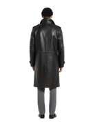 Men's black leather trench coat with classic back view, shoulder epaulets, and sleek fit