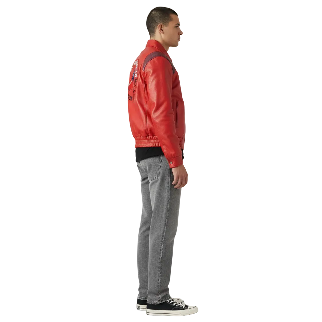 Man wearing red leather bomber jacket with patch, gray jeans, and black sneakers, side view