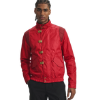 Red bomber jacket with gold buckles and quilted shoulders, stylish men's outerwear