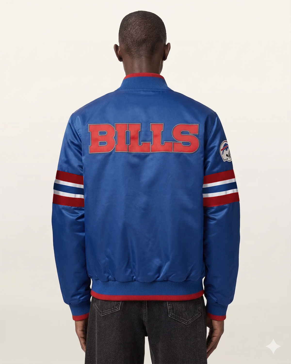Blue Bills satin bomber jacket with red lettering and striped sleeves, back view