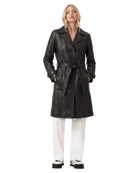 Black leather trench coat with belt, paired with white pants and sneakers