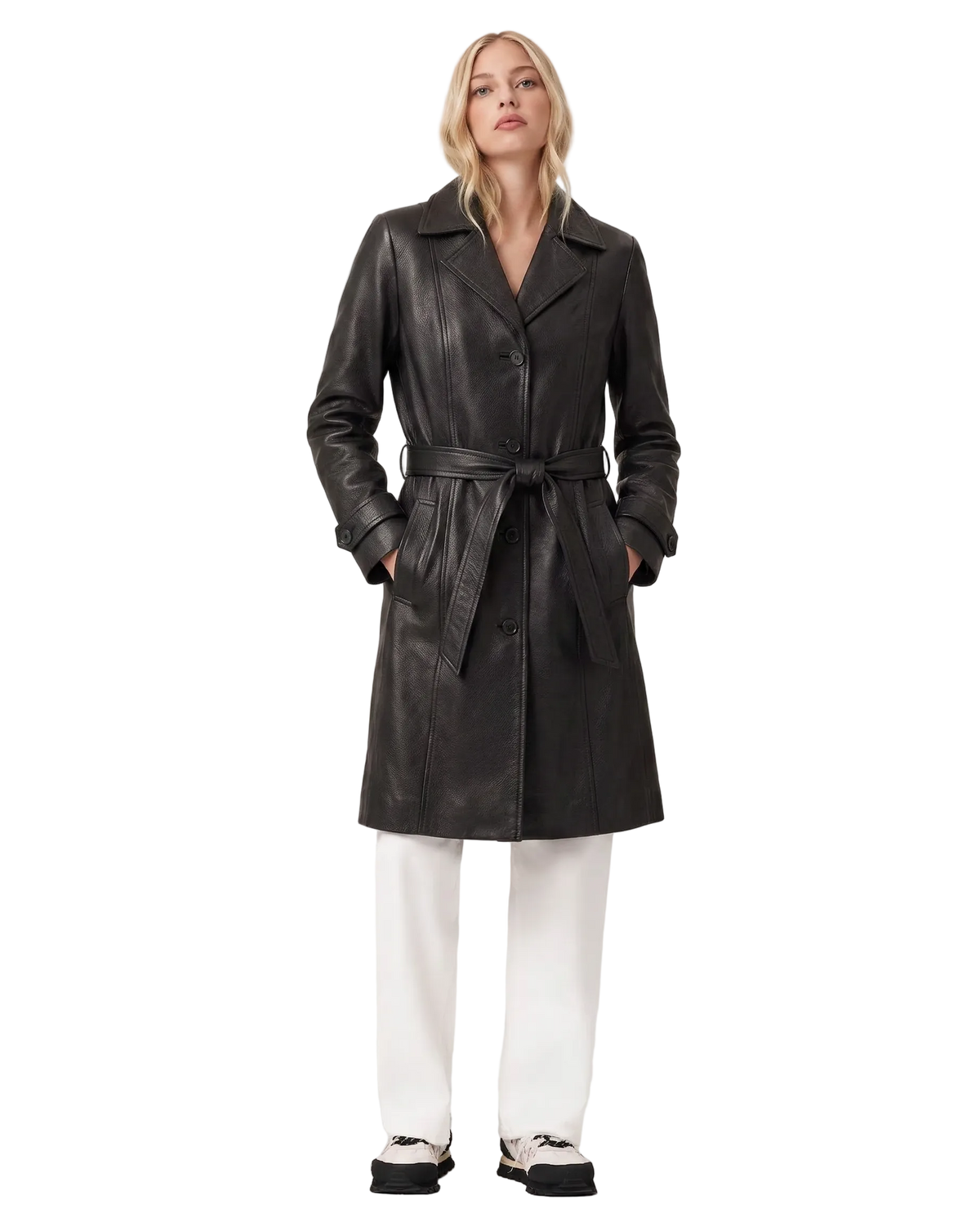 Black leather trench coat with belt, paired with white pants and sneakers
