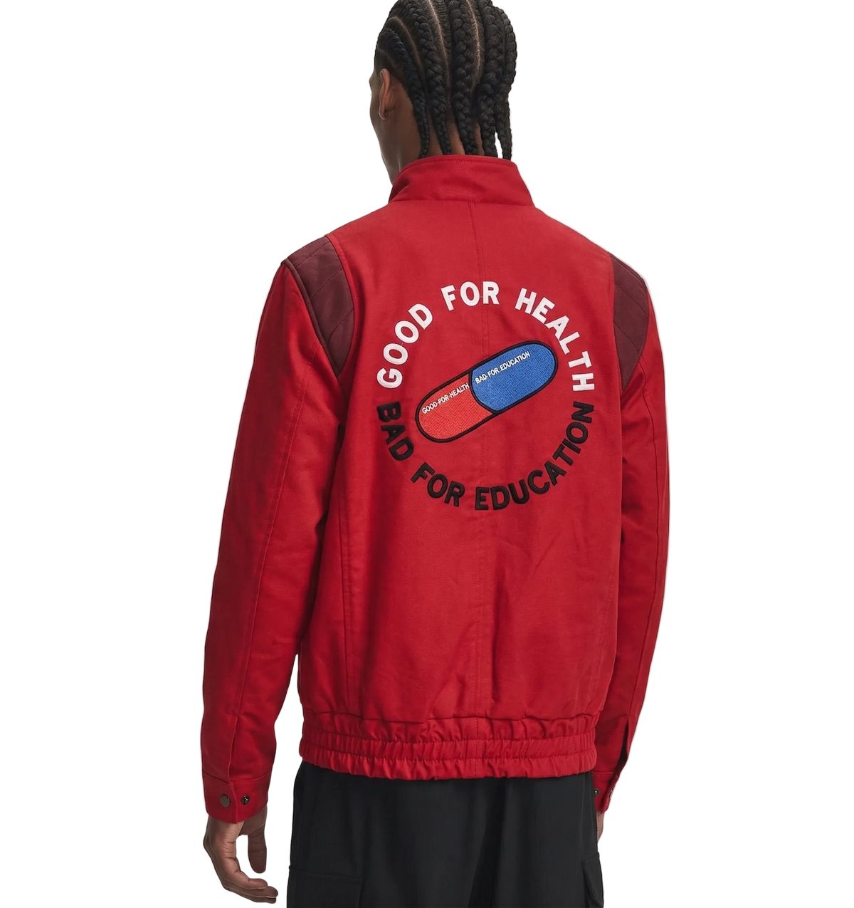 Red bomber jacket with 'Good for Health Bad for Education' graphic and pill design on back