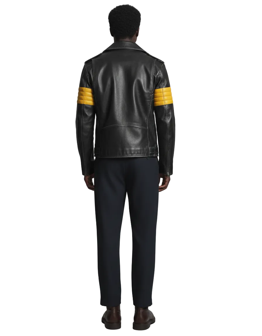 Black leather jacket with yellow striped sleeves, worn with dark pants and brown shoes