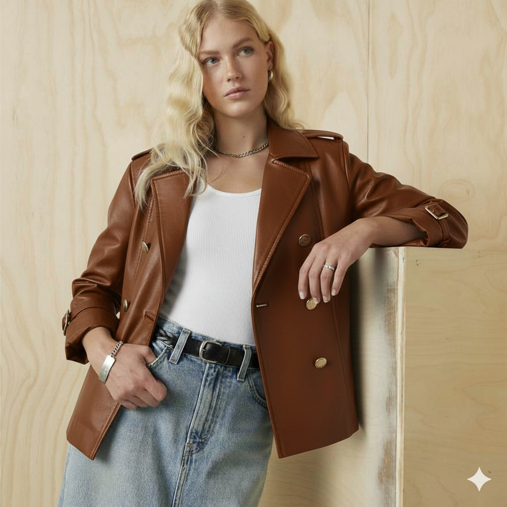 Woman in brown leather trench coat, white top, and blue jeans leaning against wood wall