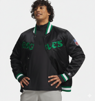 Black Eagles varsity jacket with green lettering, NFL patch, and striped cuffs for men