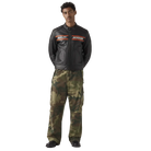 Man wearing black Harley-Davidson leather motorcycle jacket with camouflage cargo pants
