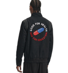 Black jacket with 'Good for Health Bad for Education' pill graphic on back, bold streetwear design