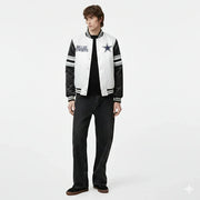 Dallas Cowboys varsity jacket with star logo, black sleeves, and striped accents