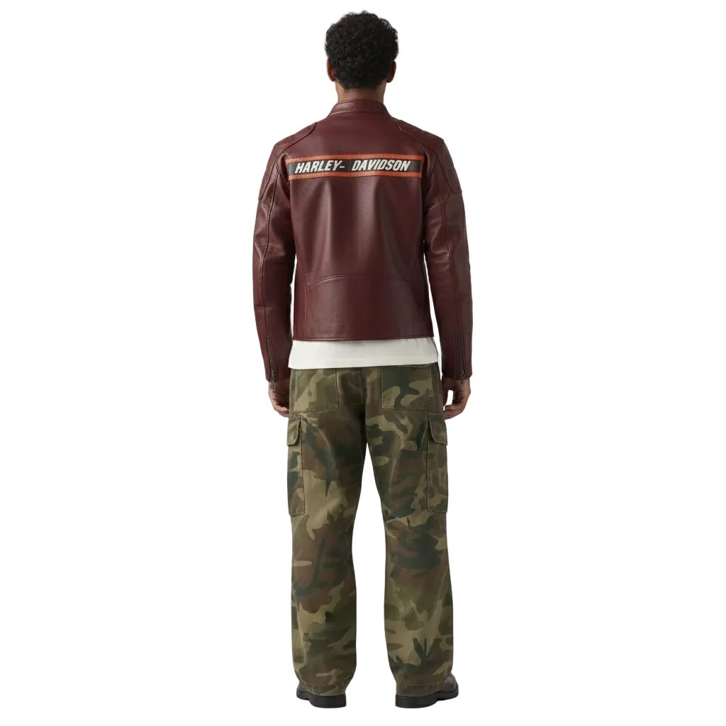 Men's burgundy leather Harley-Davidson jacket with back stripe, paired with camo cargo pants