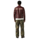 Men's burgundy leather Harley-Davidson jacket with back stripe, paired with camo cargo pants