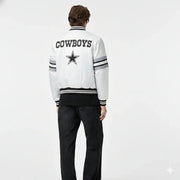 White Cowboys varsity jacket with star logo, black stripes, and black jeans, back view