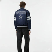 Men's navy Cowboys bomber jacket with star logo, striped sleeves, and back view