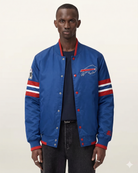 Blue Buffalo Bills varsity jacket with red and white stripes, team logo, and Starter branding on sleeve