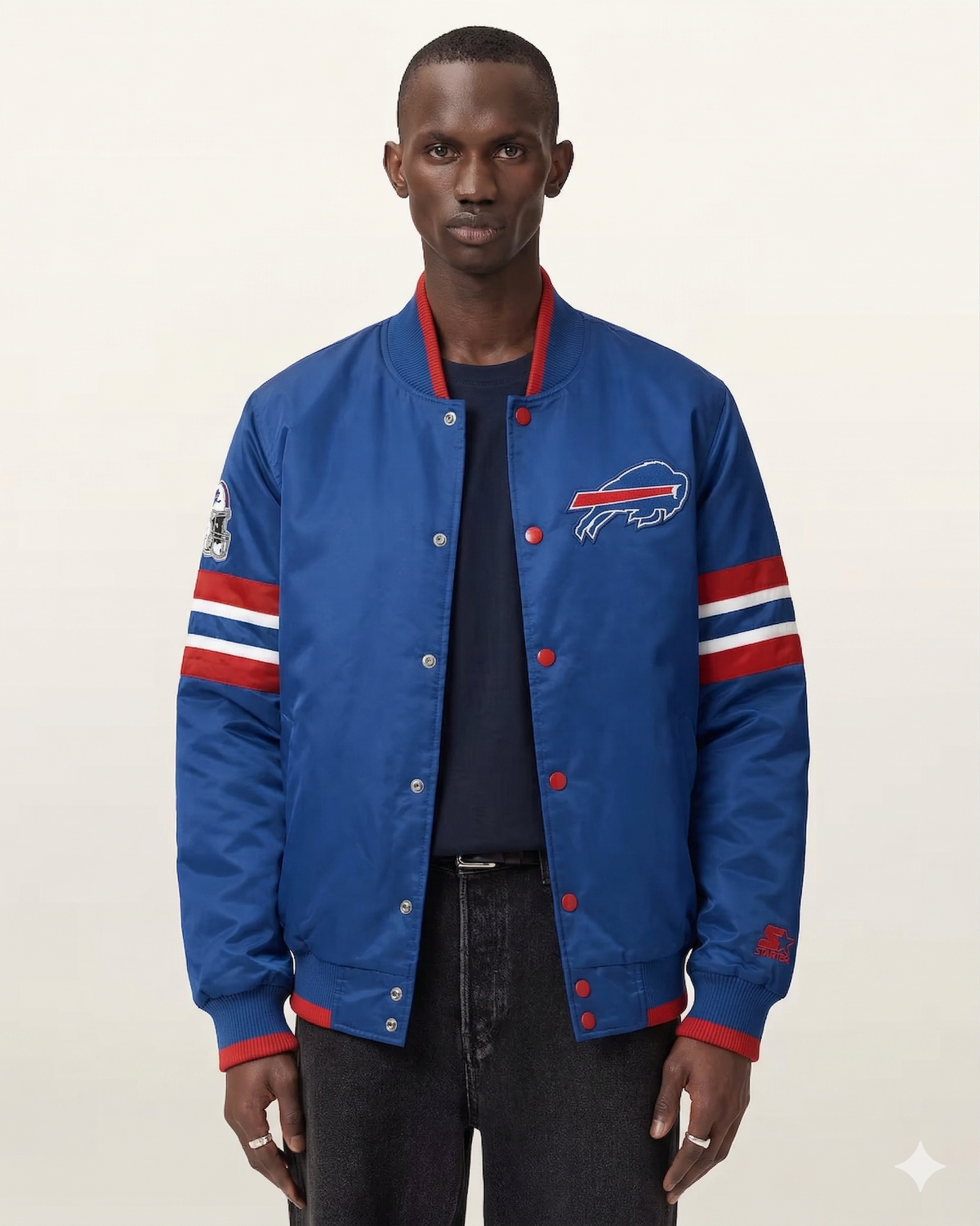 Blue Buffalo Bills varsity jacket with red and white stripes, team logo, and Starter branding on sleeve