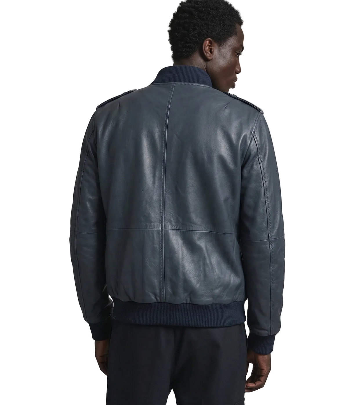 Men's dark leather bomber jacket with ribbed collar and cuffs, back view