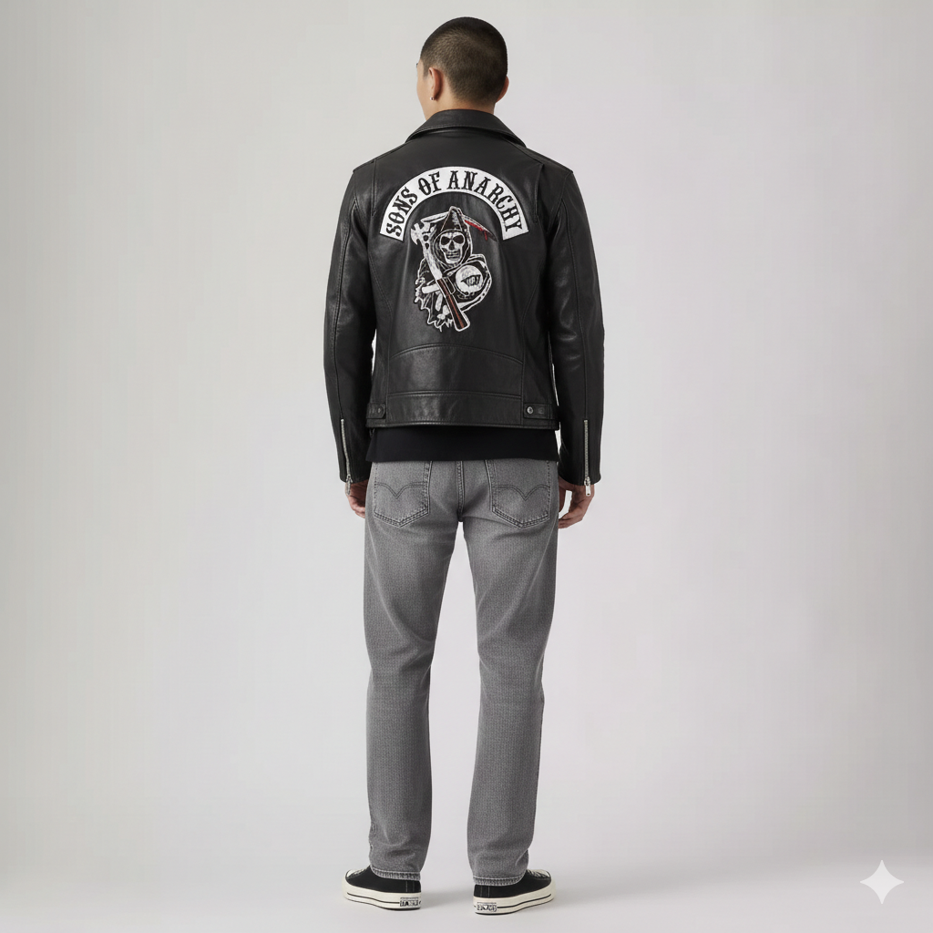 Men's black leather jacket with Sons of Anarchy back patch, paired with gray jeans and sneakers