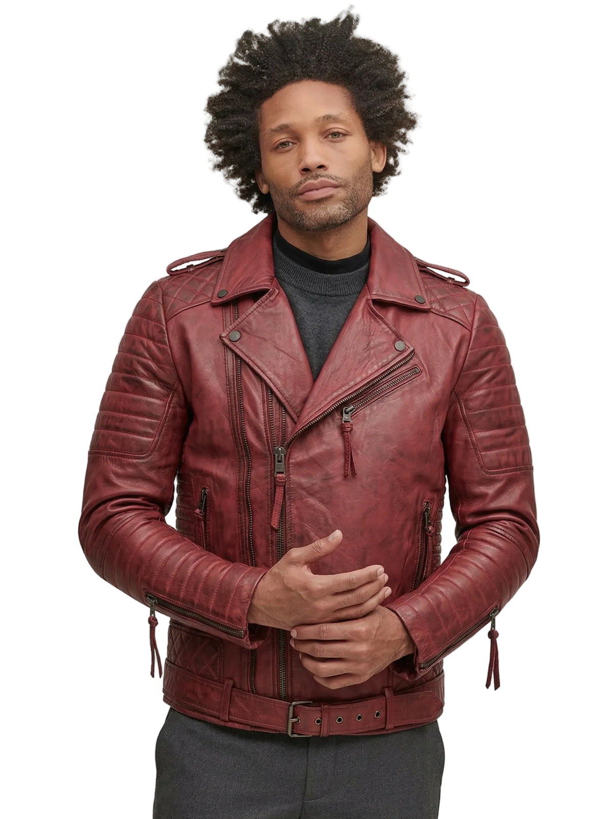 Man wearing burgundy leather biker jacket with quilted shoulders and zippers, styled over gray turtleneck