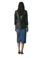 Black leather blazer with blue denim midi skirt and black heels, back view