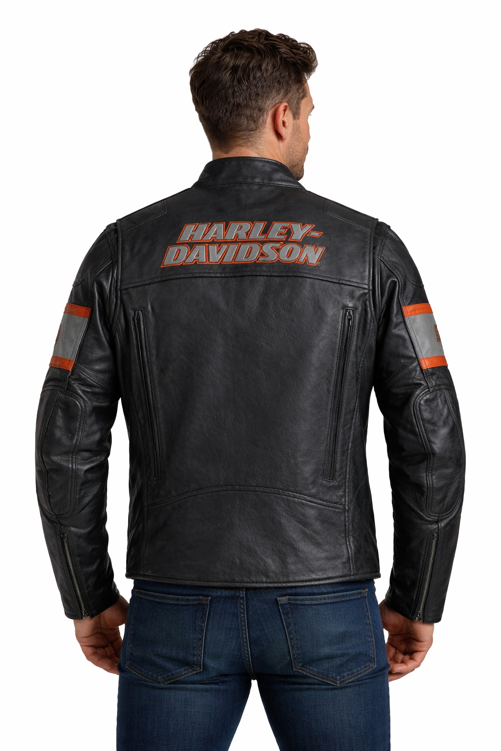 back view leather biker jacket embroidery logo