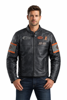 mens black leather motorcycle jacket front view on bike
