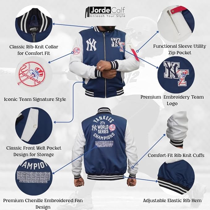 Men’s Varsity Baseball Jacket – Blue White Bomber Jacket with NY Embroidery & Streetwear Fit