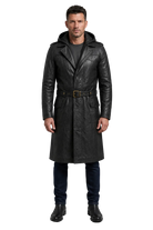 Men's black leather trench coat with hood and belt, styled with jeans and boots