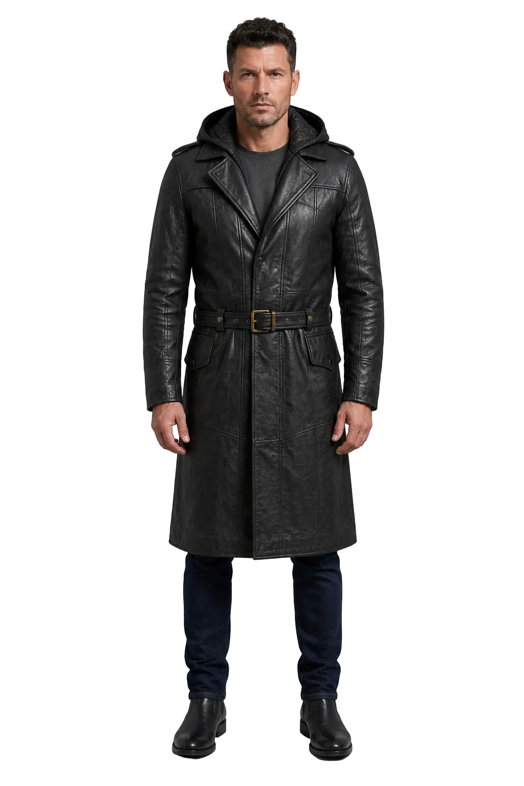 Men's black leather trench coat with hood and belt, styled with jeans and boots