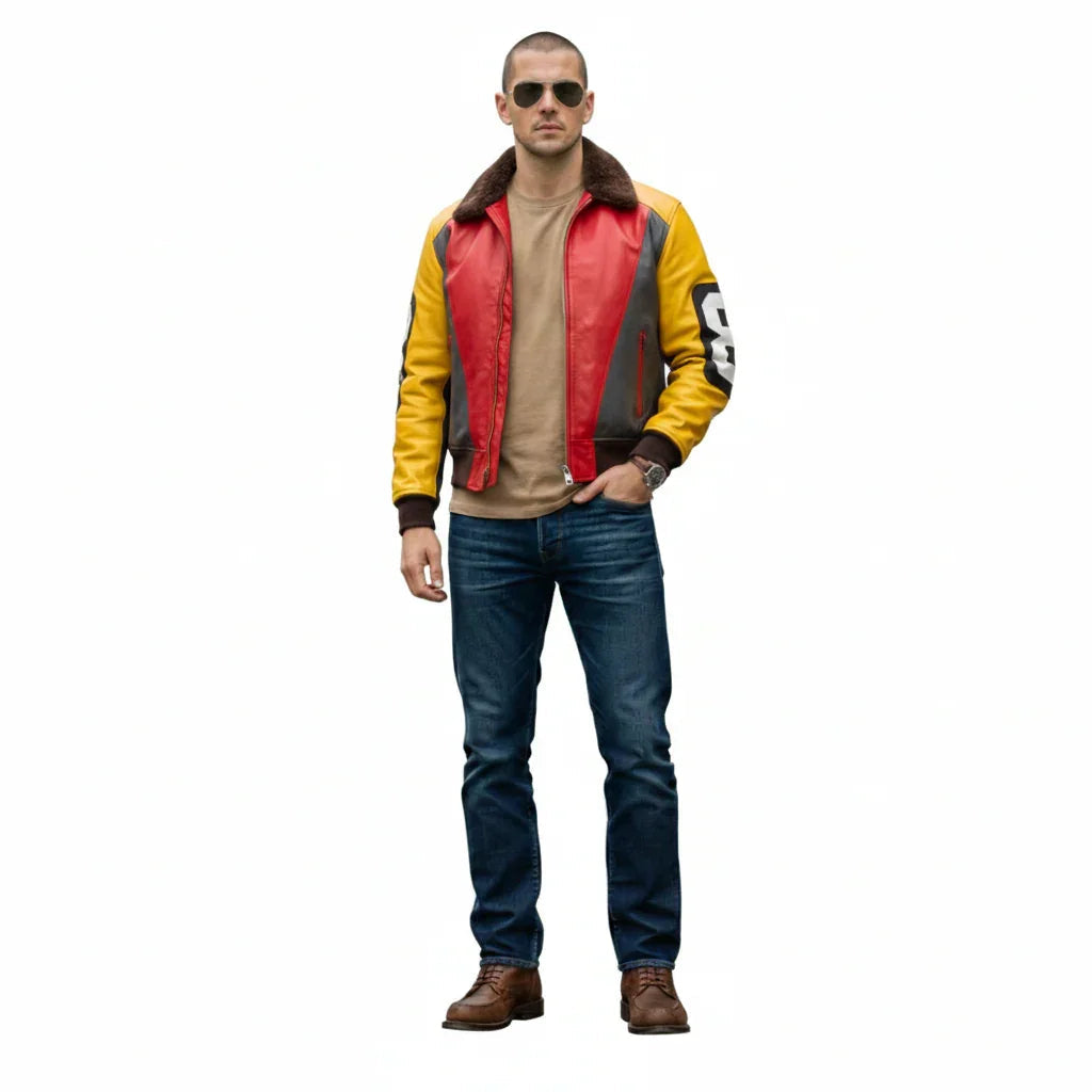 Men's red and yellow leather bomber jacket with shearling collar, styled with jeans and sunglasses