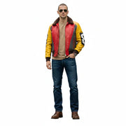 Men's red and yellow leather bomber jacket with shearling collar, styled with jeans and sunglasses