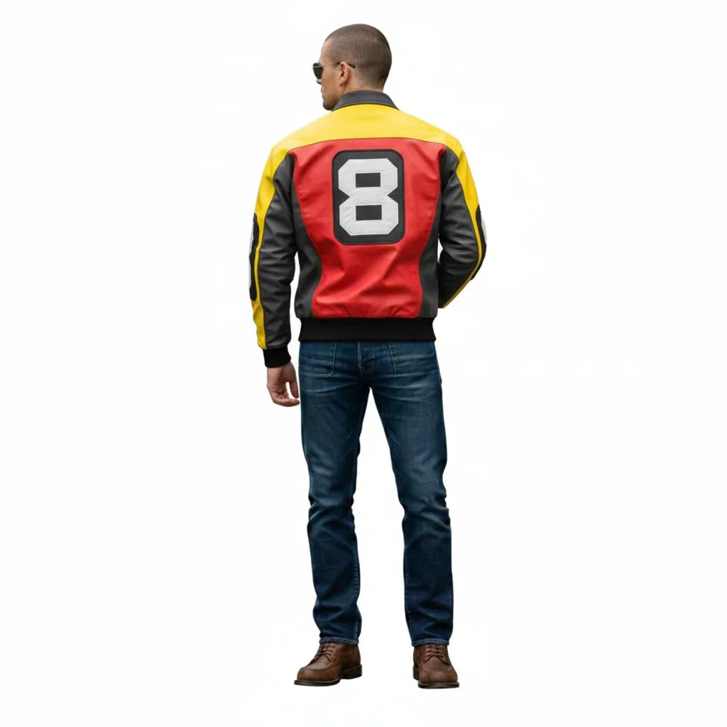 Men's racing-style leather jacket with bold number 8 back design, yellow and red panels, black sleeves