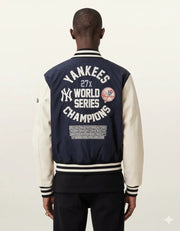 Yankees 27x World Series Champions varsity jacket with cream sleeves and navy back
