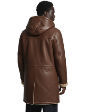 Brown hooded leather coat with shearling lining, back view