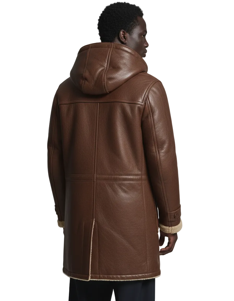 Brown hooded leather coat with shearling lining, back view