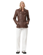 Brown leather moto jacket with belt, white pants, and sneakers for women's fashion