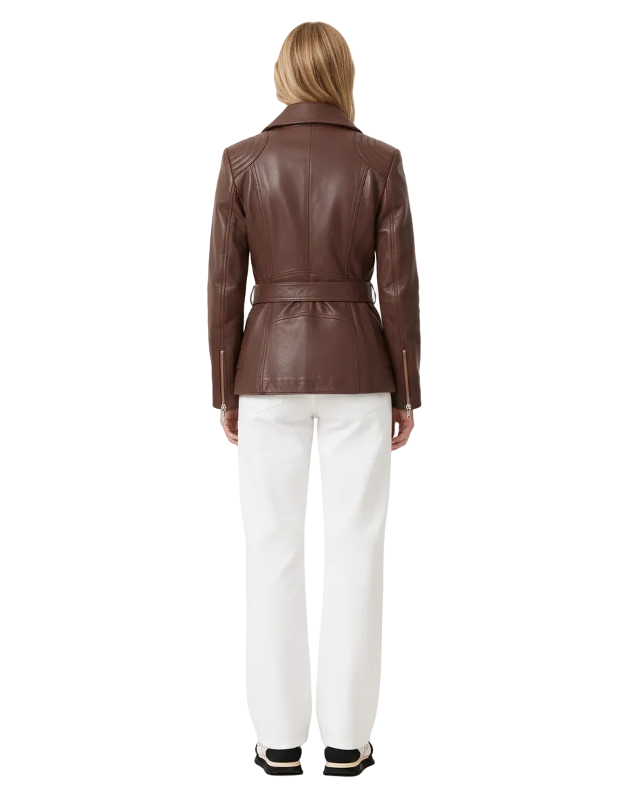 Brown leather jacket with belt back view, paired with white pants and sneakers