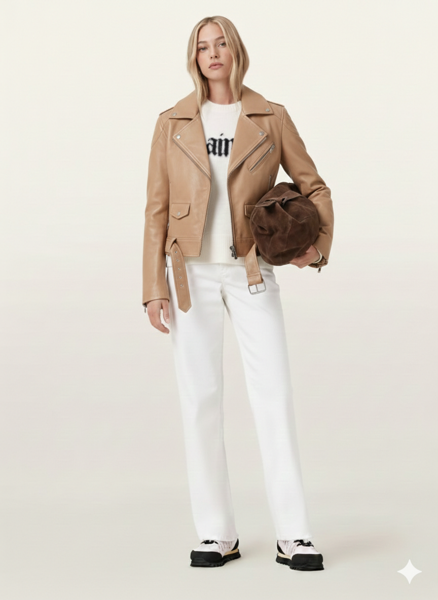 Woman in tan leather moto jacket, white jeans, and chunky sneakers holding brown bag