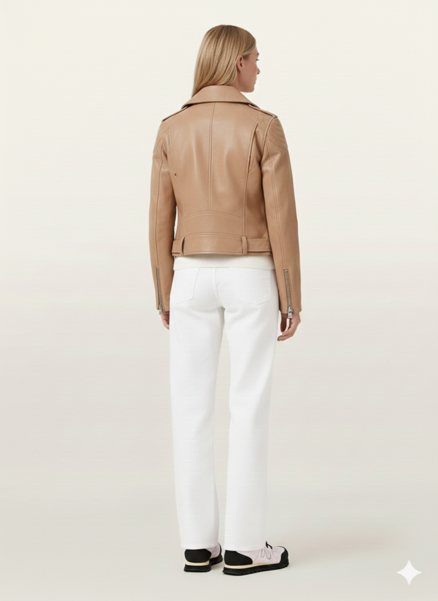 Tan leather moto jacket with zipper details, paired with white pants and sneakers, back view