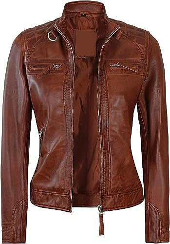 Jorde Calf Women’s Cafe Racer Slim Fit Leather Jacket | Distressed Motorcycle Quilted Biker Style Leather Jacket.