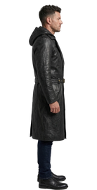 Men's black leather trench coat with quilted hood and belt, side view