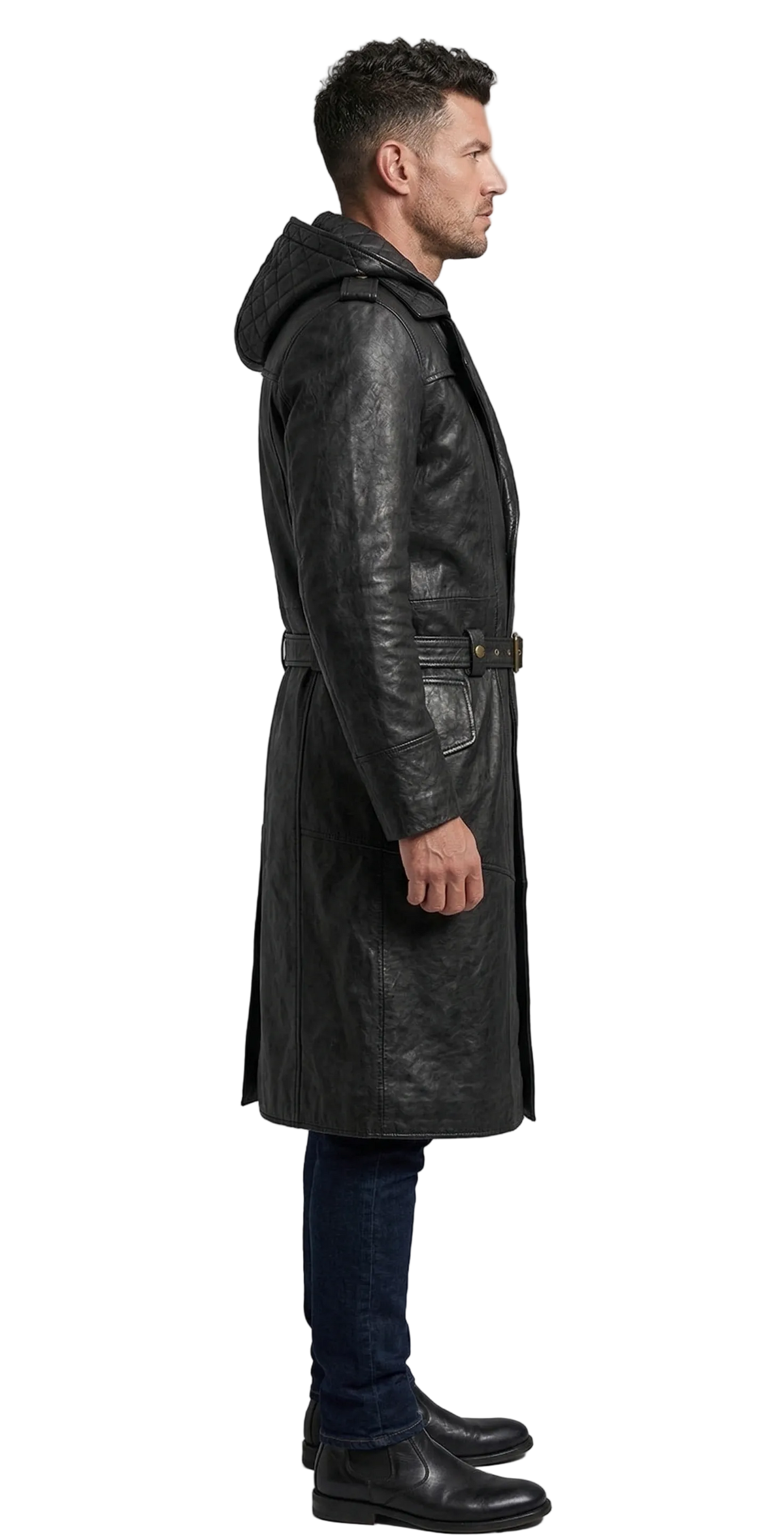 Men's black leather trench coat with quilted hood and belt, side view