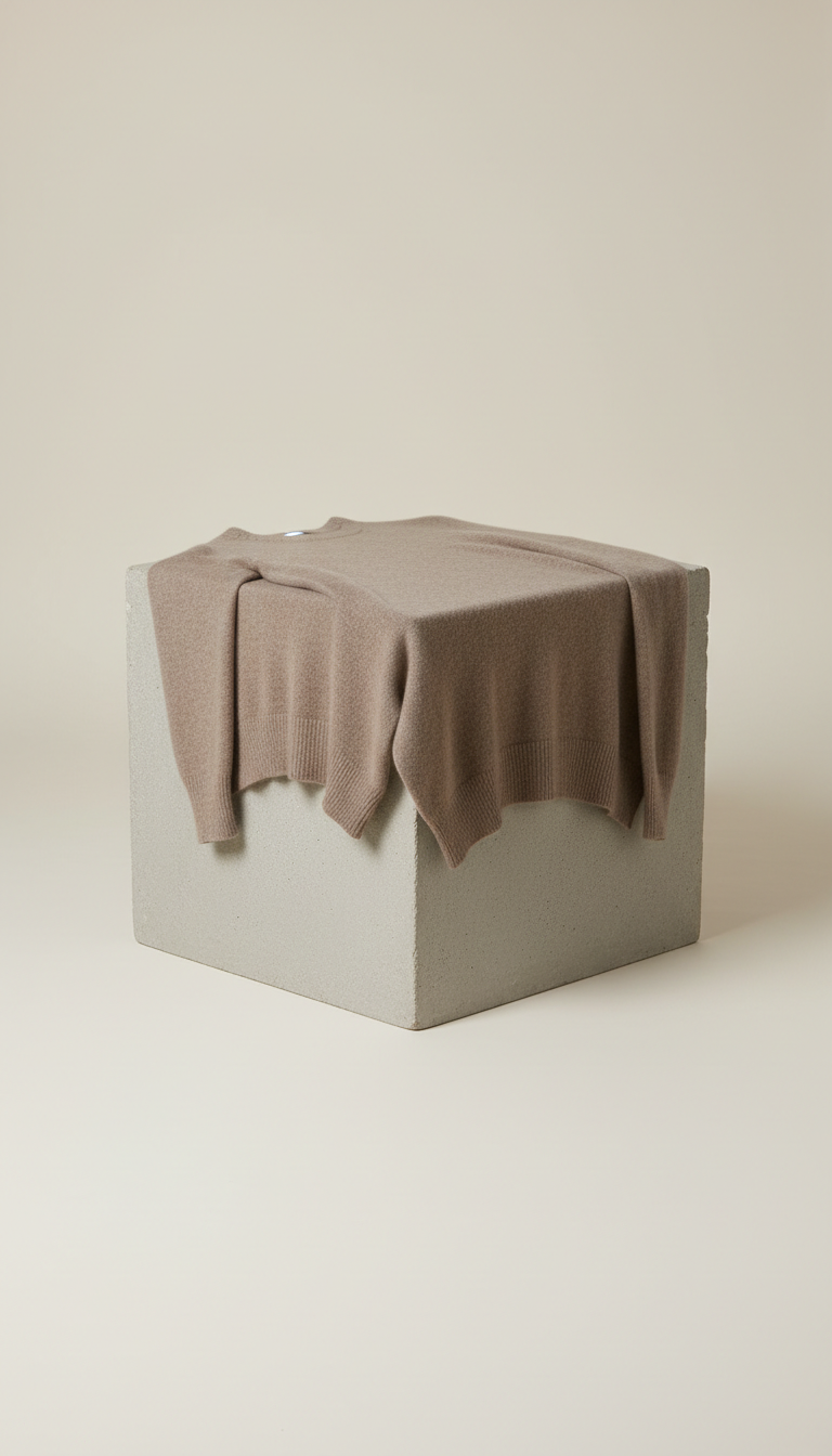 Beige knit sweater draped over concrete block, minimalist style