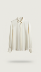 Cream silk blouse with classic collar and long sleeves, elegant women's workwear