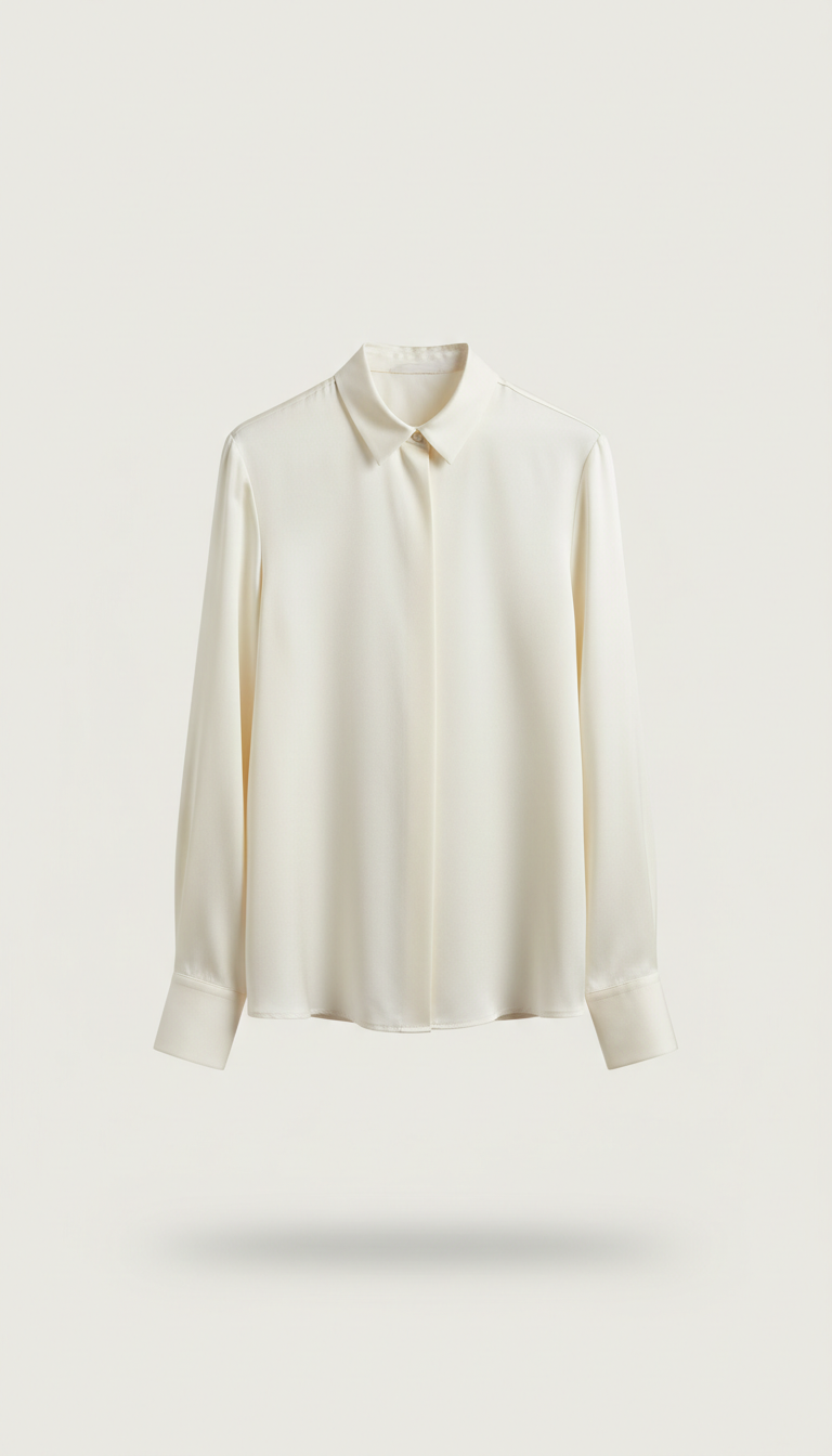 Cream silk blouse with classic collar and long sleeves, elegant women's workwear