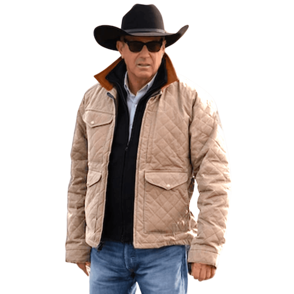 Man wearing beige quilted jacket, cowboy hat, and sunglasses for outdoor style