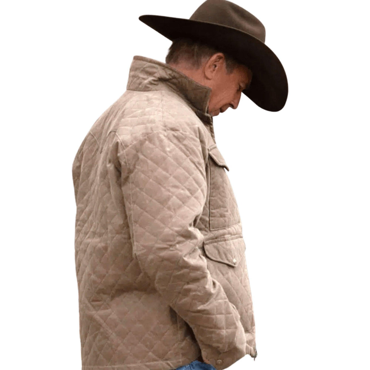 Man in beige quilted jacket and brown cowboy hat, side profile view
