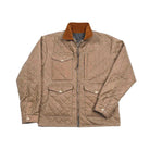 Tan quilted jacket with corduroy collar, front zipper, and flap pockets for men's outdoor wear