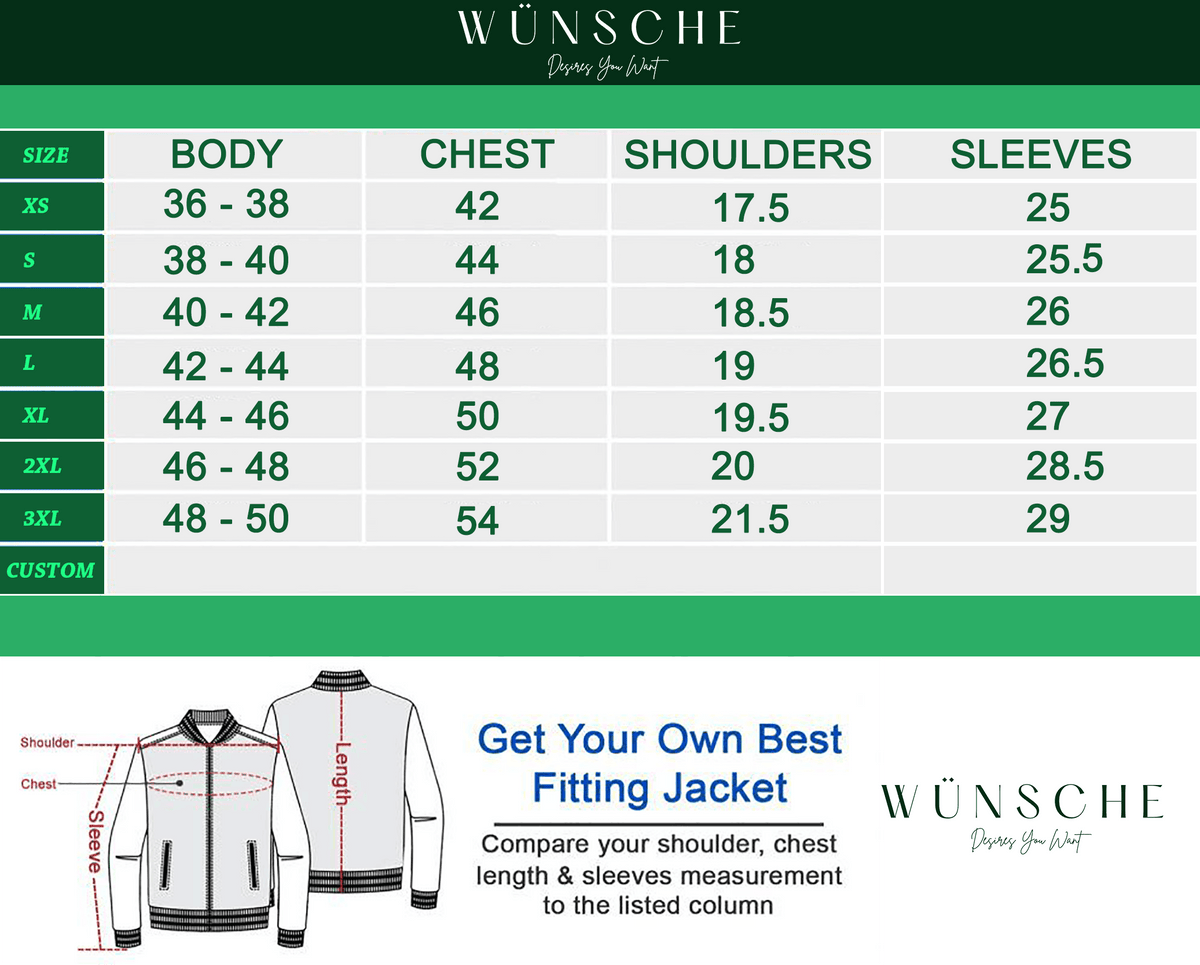 Jacket size chart with body, chest, shoulder, sleeve measurements for perfect fit