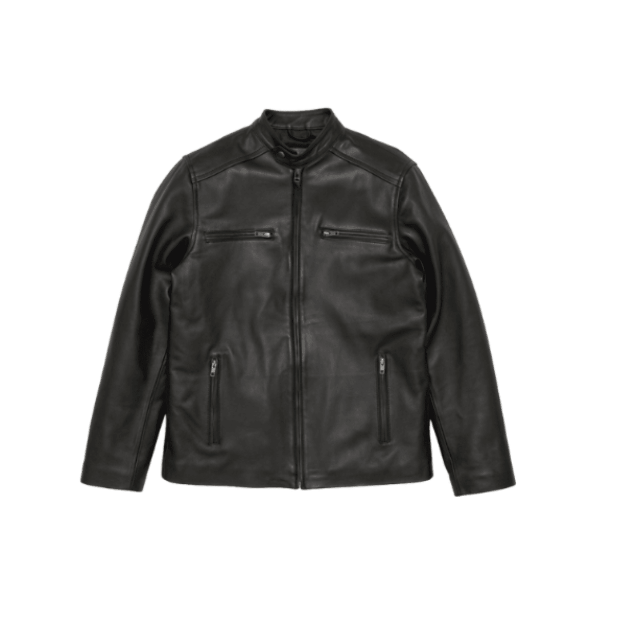 Black leather motorcycle jacket with front zipper and zippered pockets, sleek biker style